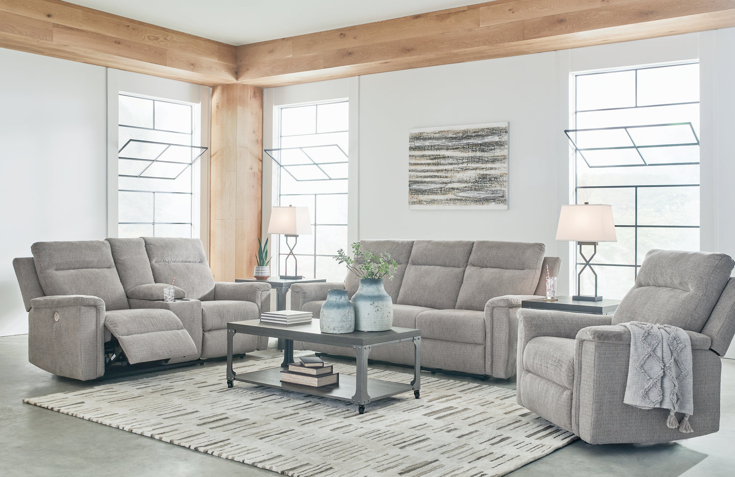 Furniture City Houma - Ashley Furniture - Barnsana Power Reclining Sofa, Loveseat and Recliner - Power Reclining Sofa, Loveseat and Recliner / Ash - 33201U2