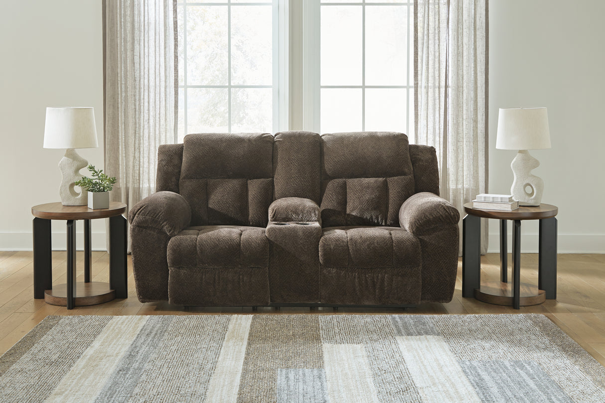 Furniture City Houma - Ashley Furniture - Frohn Reclining Loveseat with Console - DBL Rec Loveseat w/Console / Chocolate - 3740794