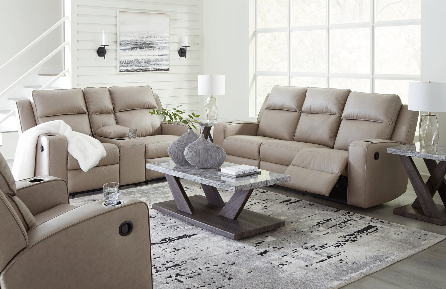 Furniture City Houma - Ashley Furniture - Lavenhorne Reclining Sofa, Loveseat and Recliner - Reclining Sofa, Loveseat and Recliner / Pebble - 63307U2