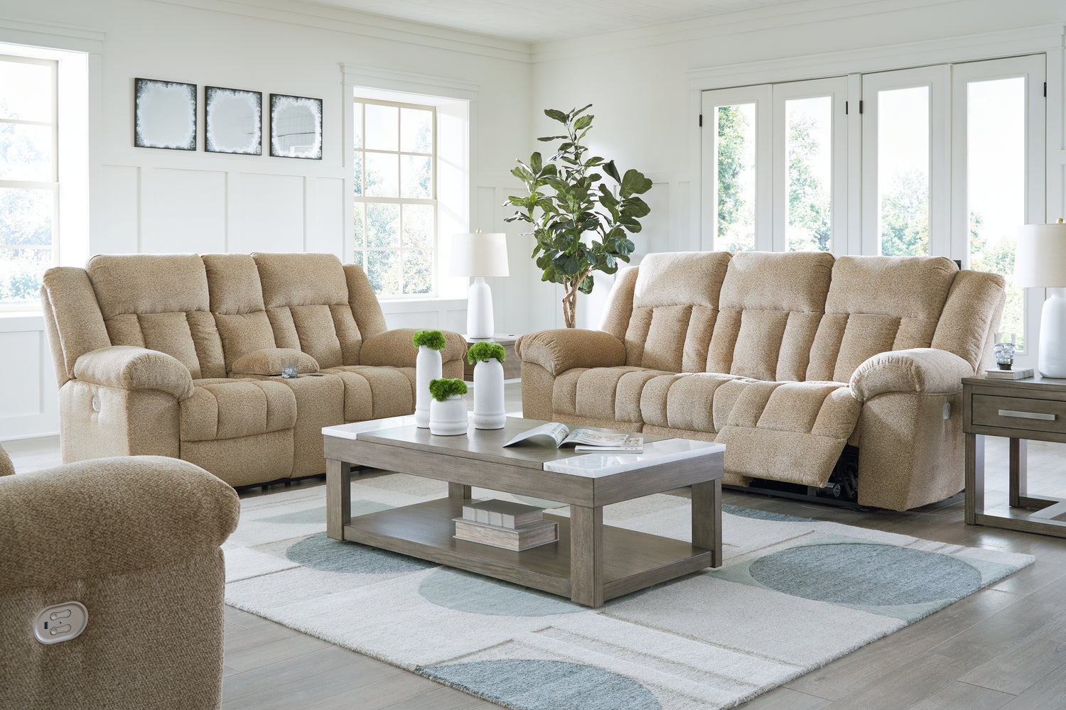 Furniture City Houma - Ashley Furniture - Tip-Off Power Reclining Sofa, Loveseat and Recliner - Power Reclining Sofa, Loveseat and Recliner / Wheat - 69305U2