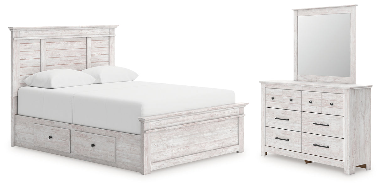 Makidern Queen Panel Bed with Storage, Dresser and Mirror