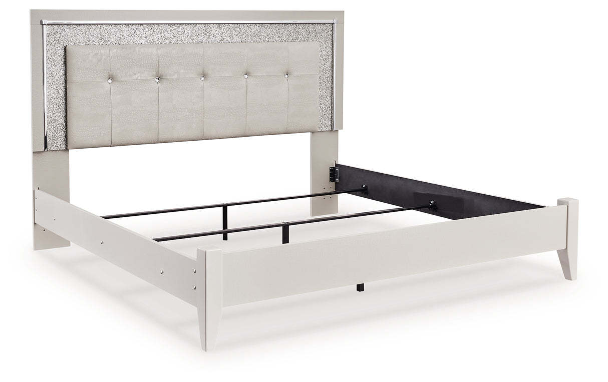 Zyniden King Upholstered Panel Bed, Dresser, Mirror and 2 Nightstands