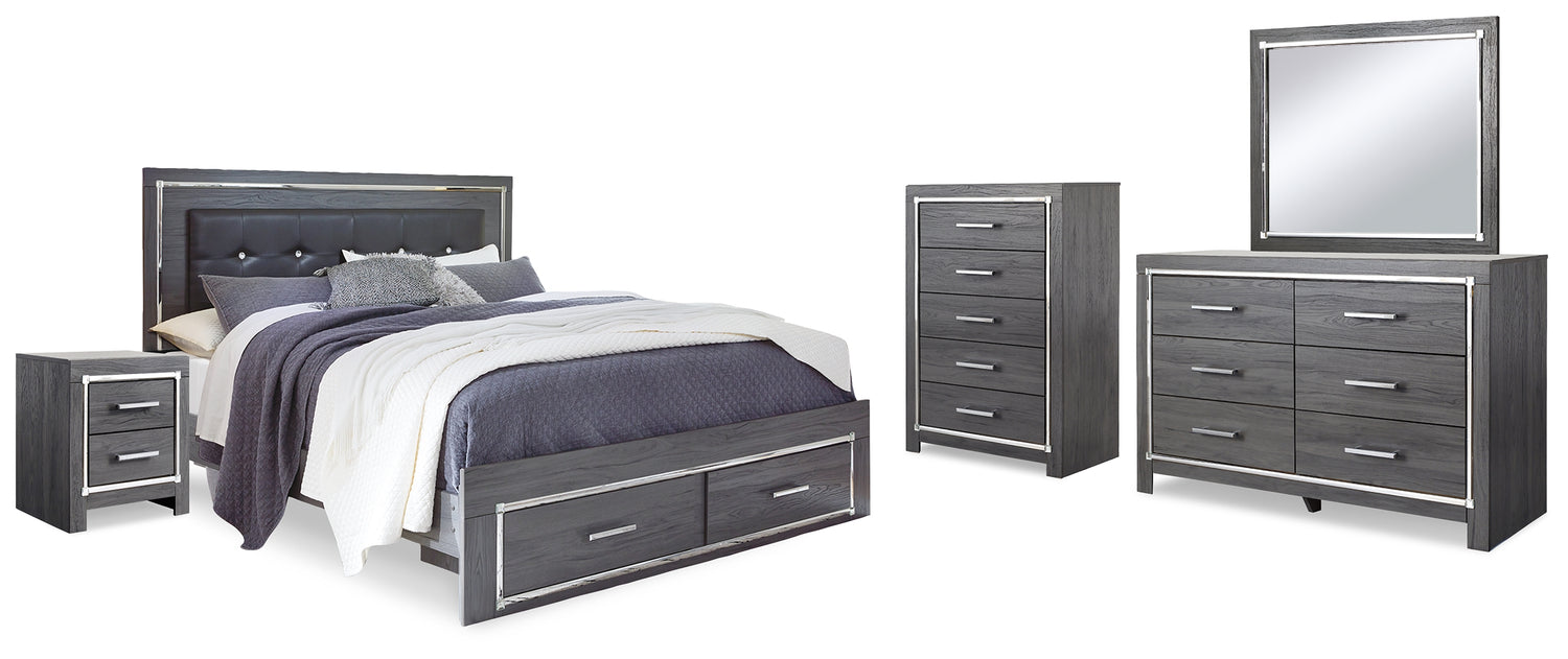 Lodanna King Upholstered Storage Bed, Dresser, Mirror, Chest, and Nightstand