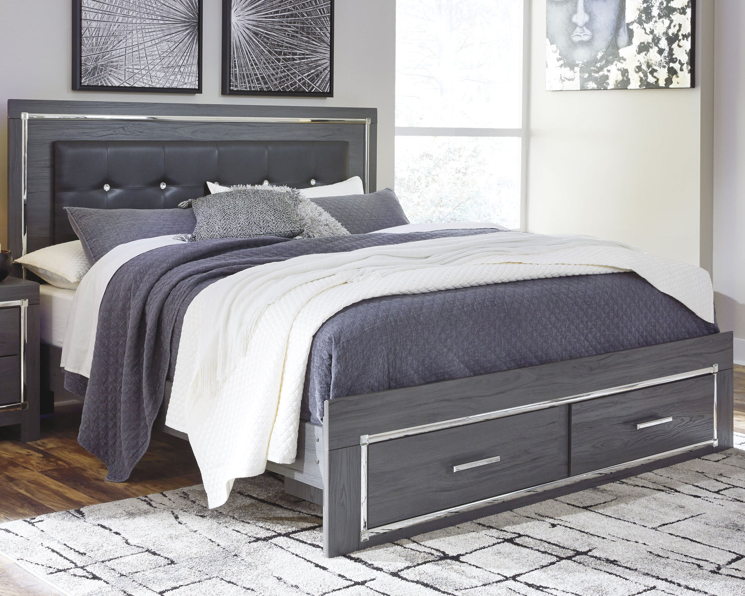 Lodanna King Upholstered Storage Bed, Dresser, Mirror, Chest, and Nightstand