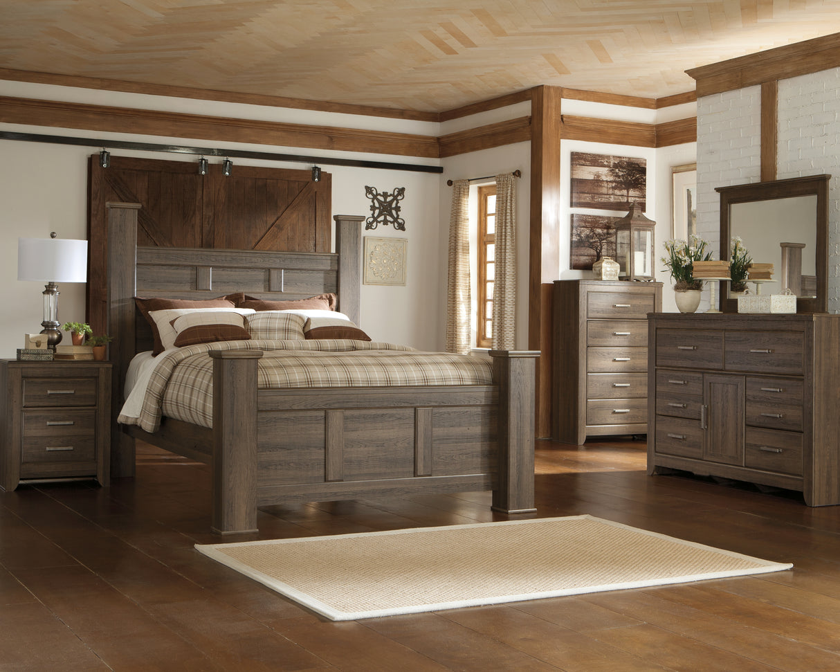 Juararo Queen Poster Bed, Dresser, Mirror, Chest and 2 Nightstands