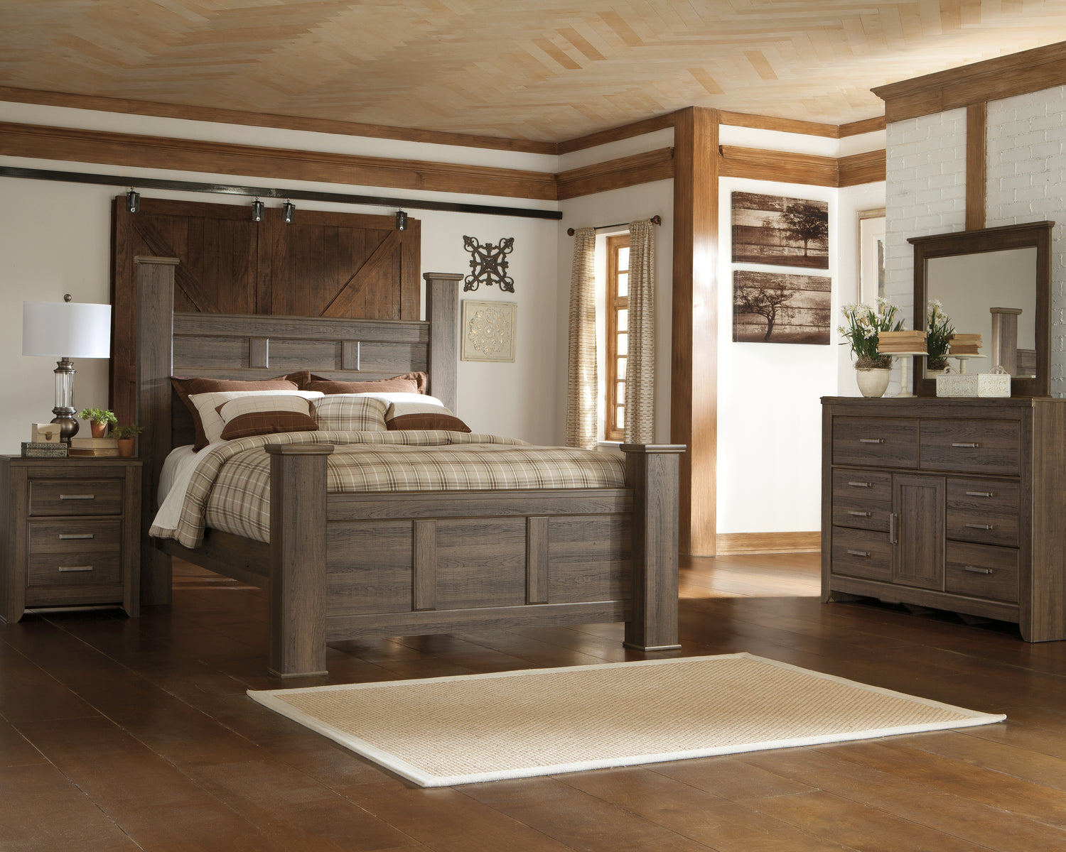 Furniture City Houma - Ashley Furniture - Juararo Queen Poster Bed with Mirrored Dresser and Nightstand - Queen Poster Bed with Mirrored Dresser and Nightstand - B251B22