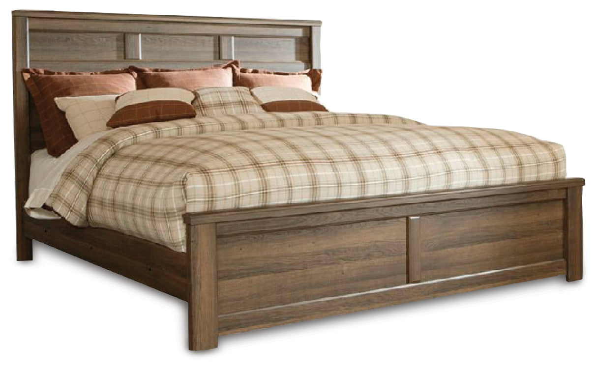 Juararo California King Panel Bed, Dresser, Mirror, Chest and Nightstand