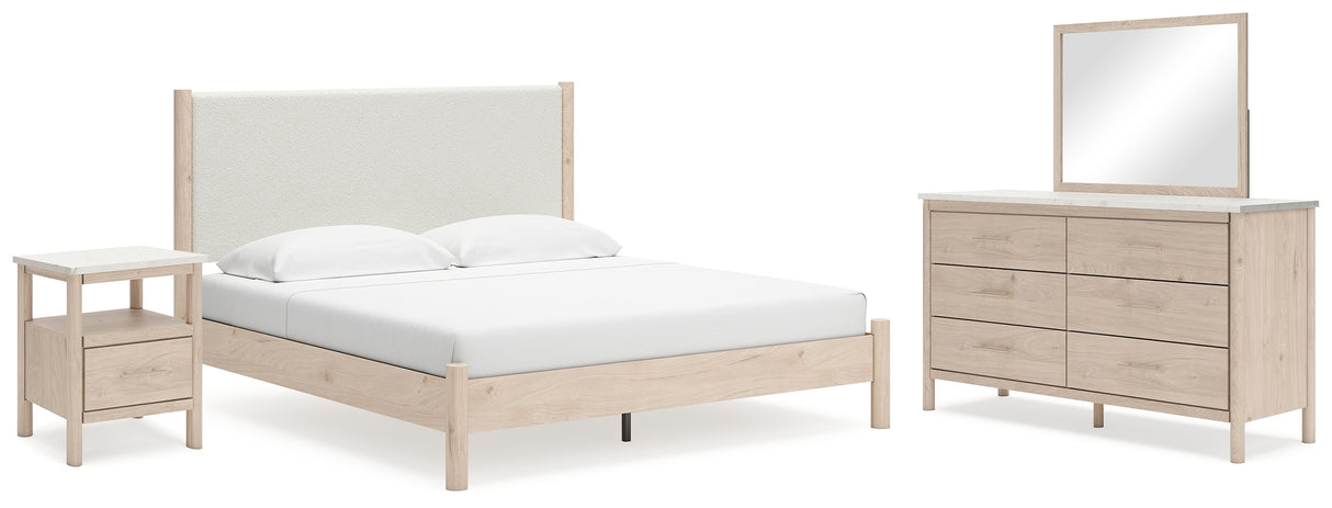 Cadmori King Upholstered Panel Bed, Dresser, Mirror and Nightstand