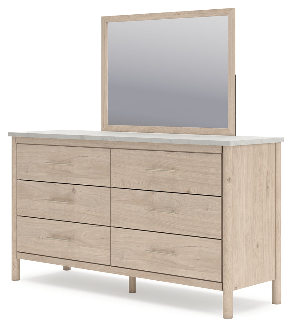 Cadmori King Upholstered Panel Bed, Dresser, Mirror and Nightstand