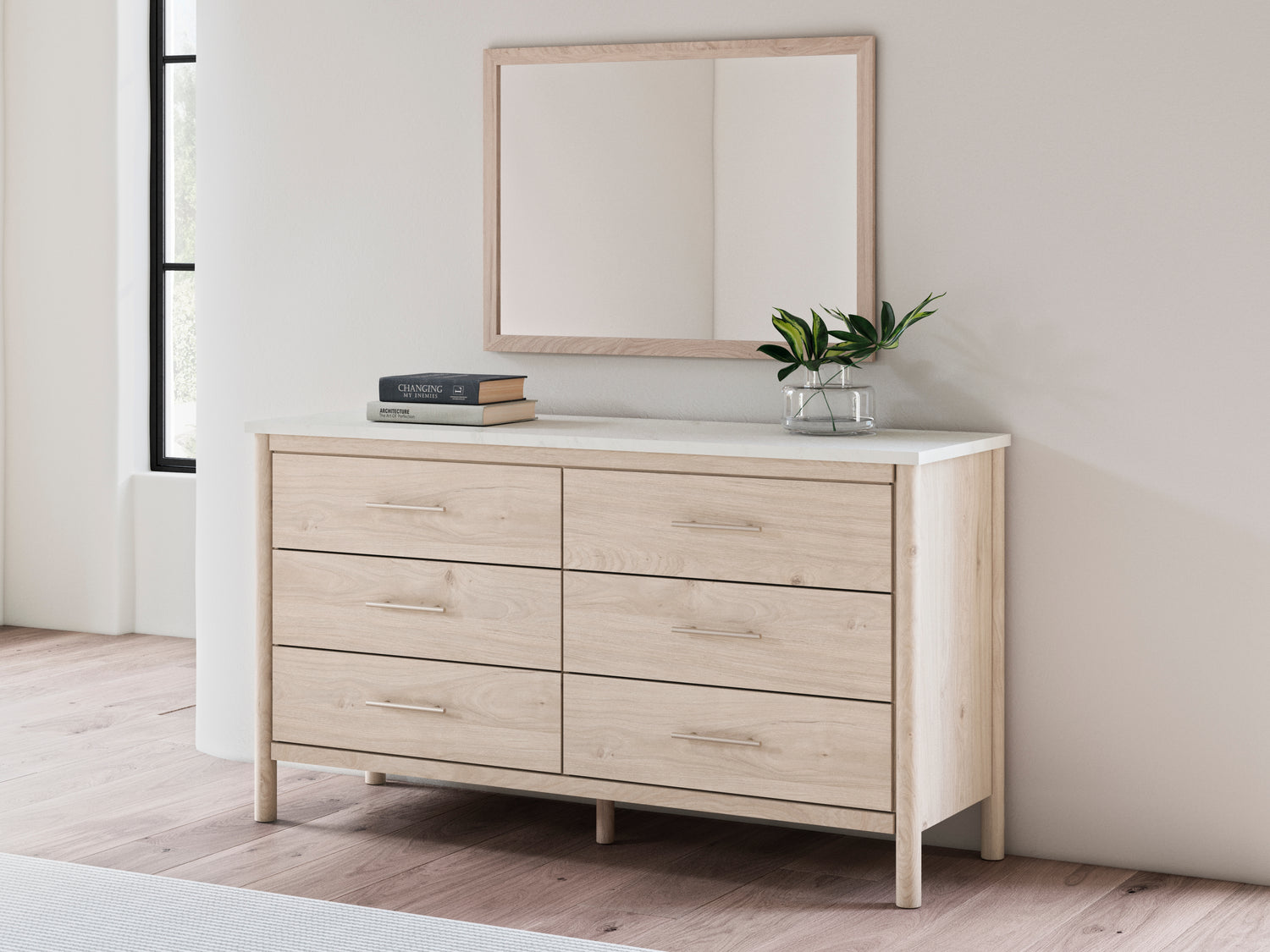 Cadmori King Upholstered Panel Bed, Dresser, Mirror and Nightstand
