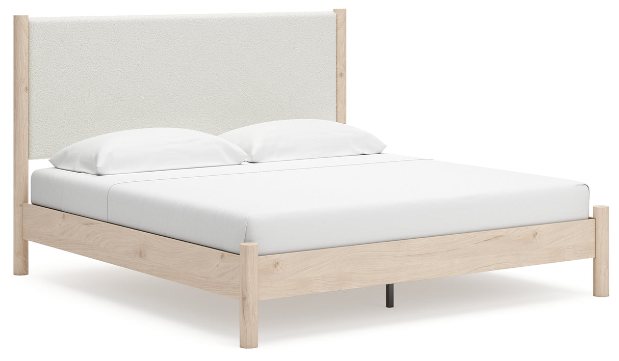 Cadmori King Upholstered Panel Bed, Dresser, Mirror and Nightstand