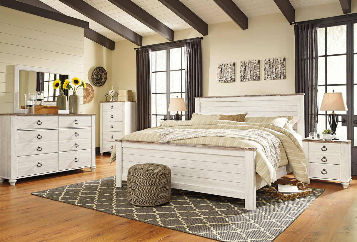Furniture City Houma - Ashley Furniture - Willowton King Panel Bed, Dresser, Mirror, Chest and 2 Nightstands - King Panel Bed, Dresser, Mirror, Chest and 2 Nightstands - B267B45
