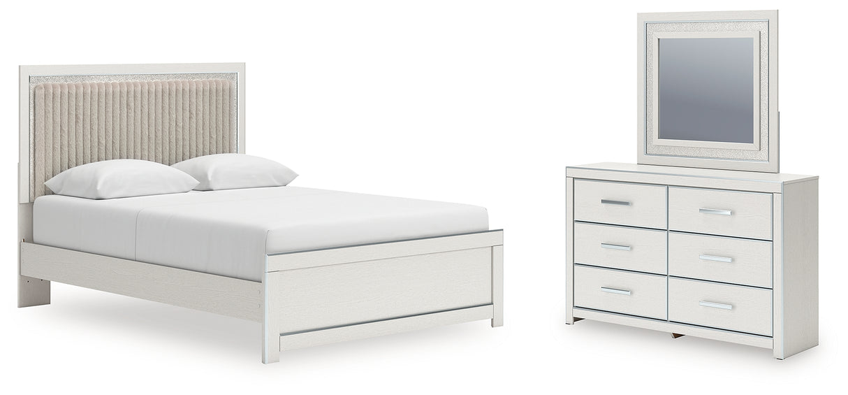 Zuraleus Queen Upholstered Panel Platform Bed, Dresser and Mirror