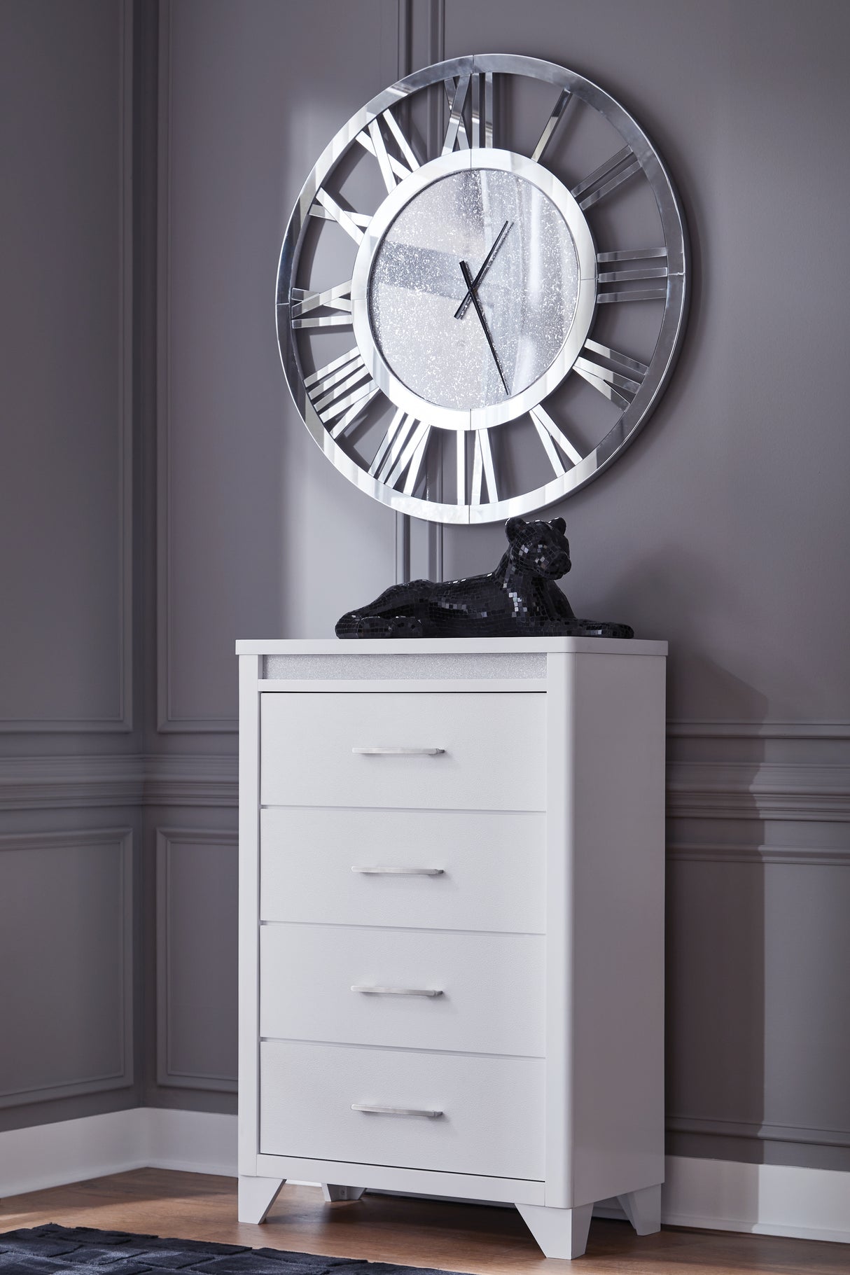 Jarlee Queen Upholstered Panel Bed, Dresser, Mirror, Chest and 2 Nightstands