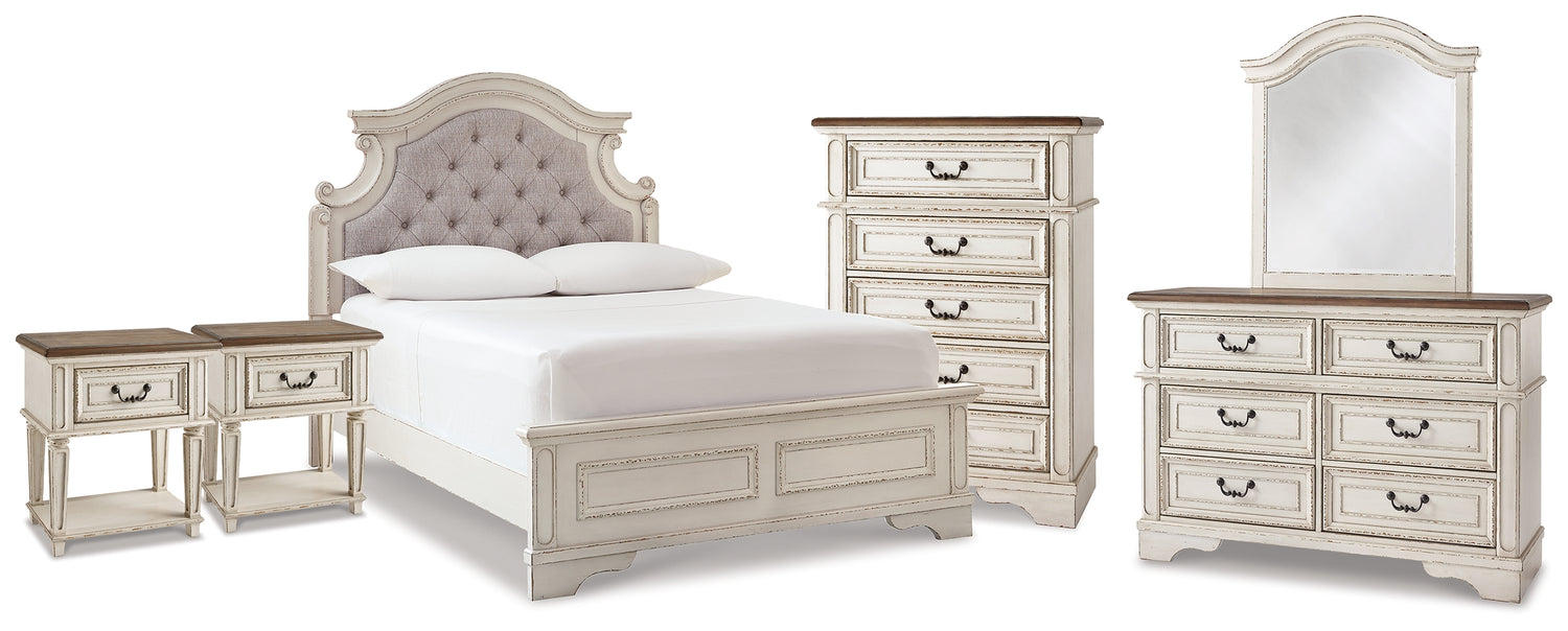 Realyn Full Upholstered Panel Bed, Dresser, Mirror, Chest and 2 Nightstands