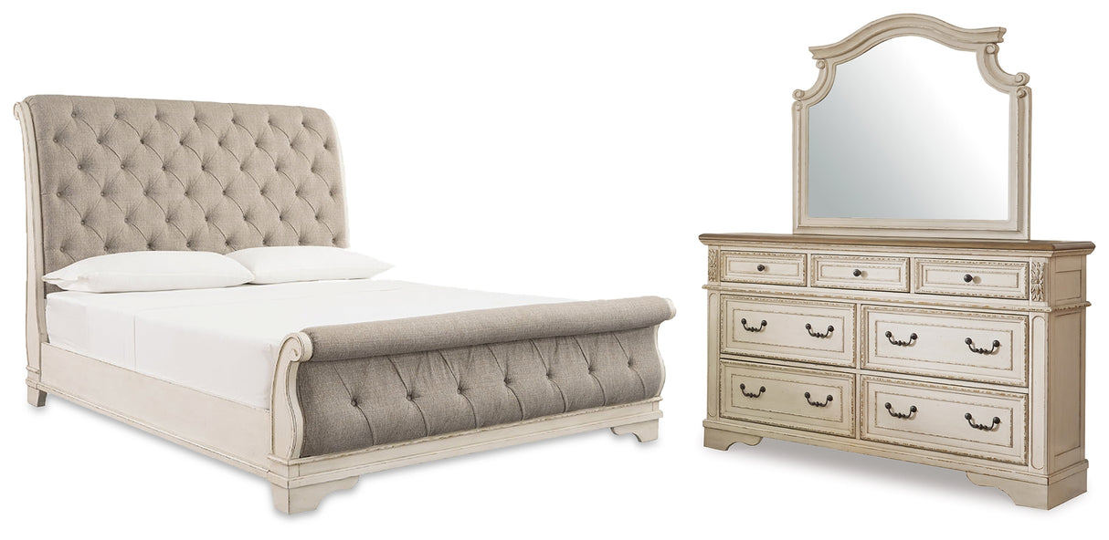 Realyn Queen Upholstered Sleigh Bed, Dresser and Mirror