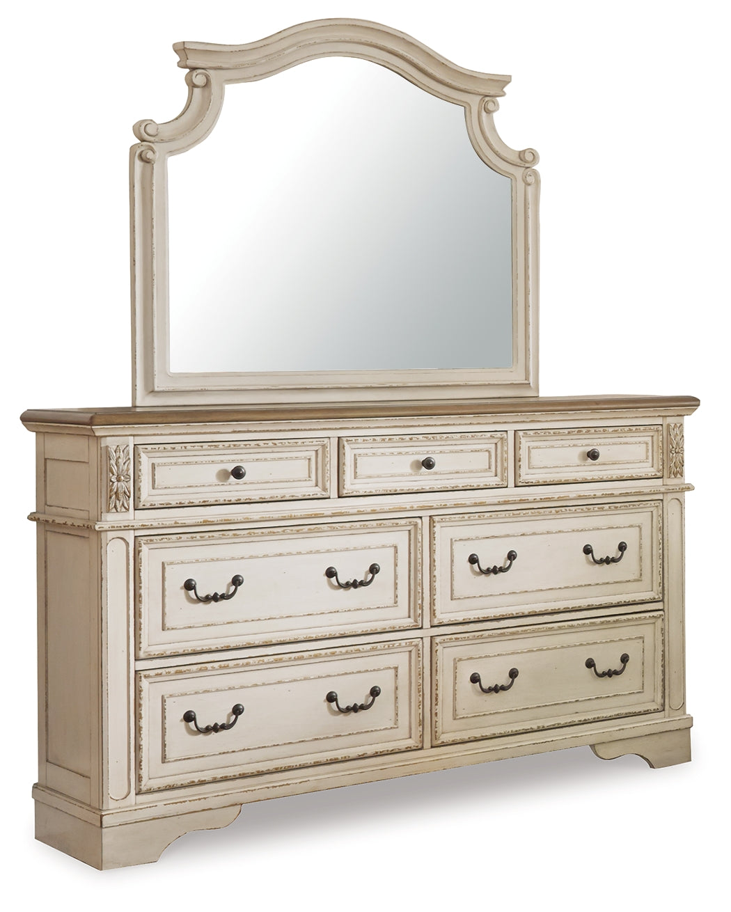 Realyn King Panel Upholstered Bed, Dresser, Mirror and Chest