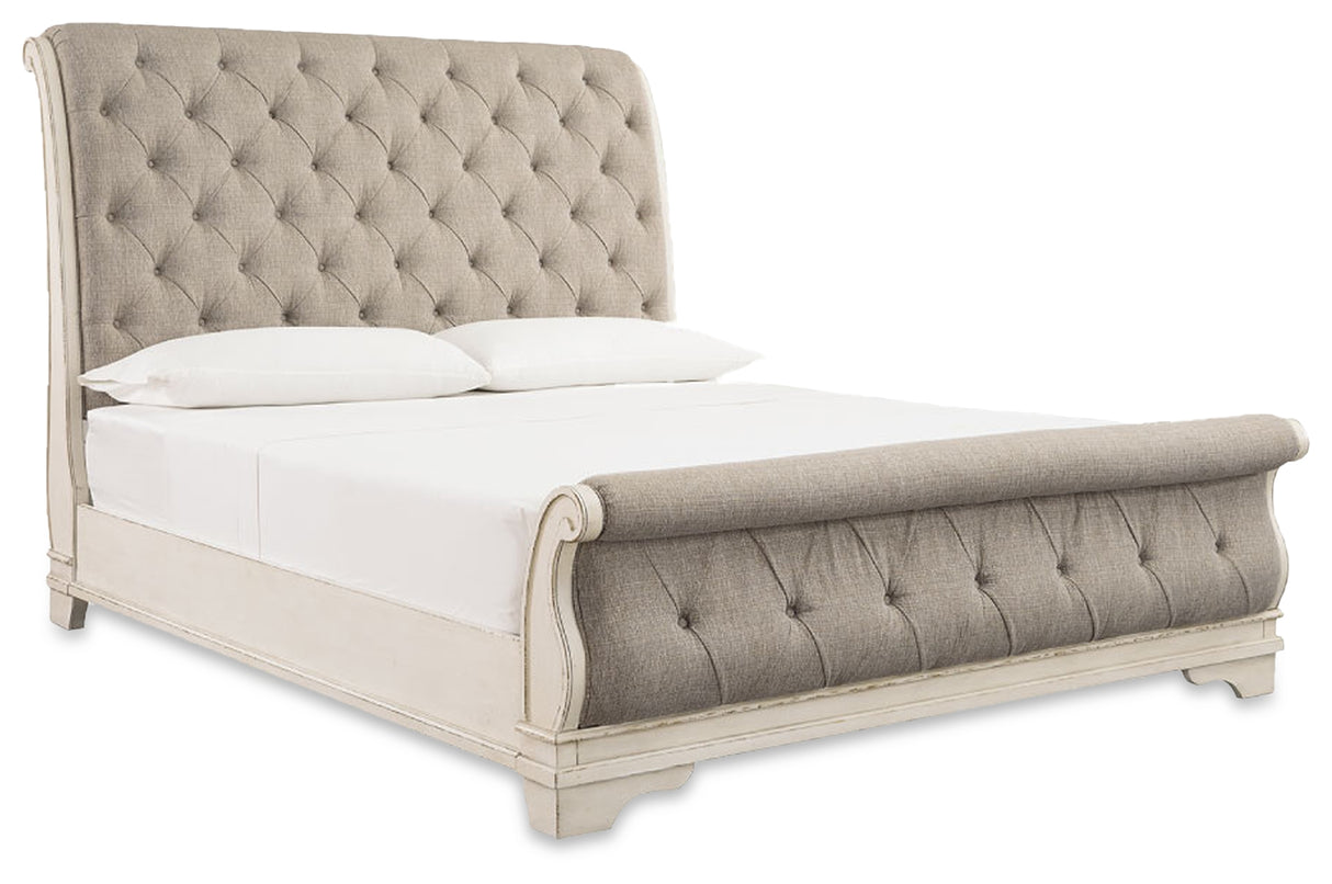 Realyn Queen Upholstered Sleigh Bed, Dresser and Mirror