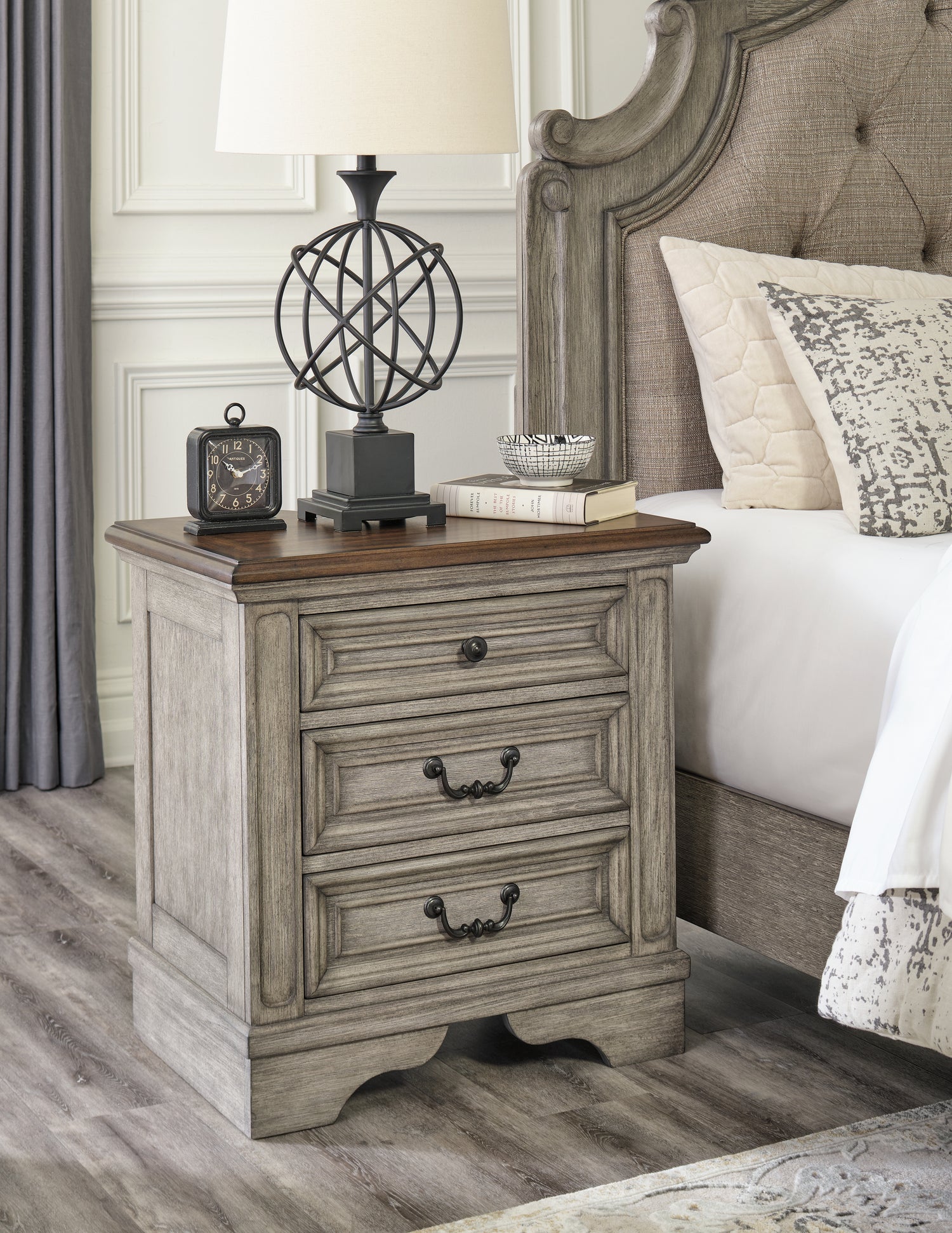 Lodenbay King Upholstered Panel Bed, Dresser, Mirror, and Nightstand