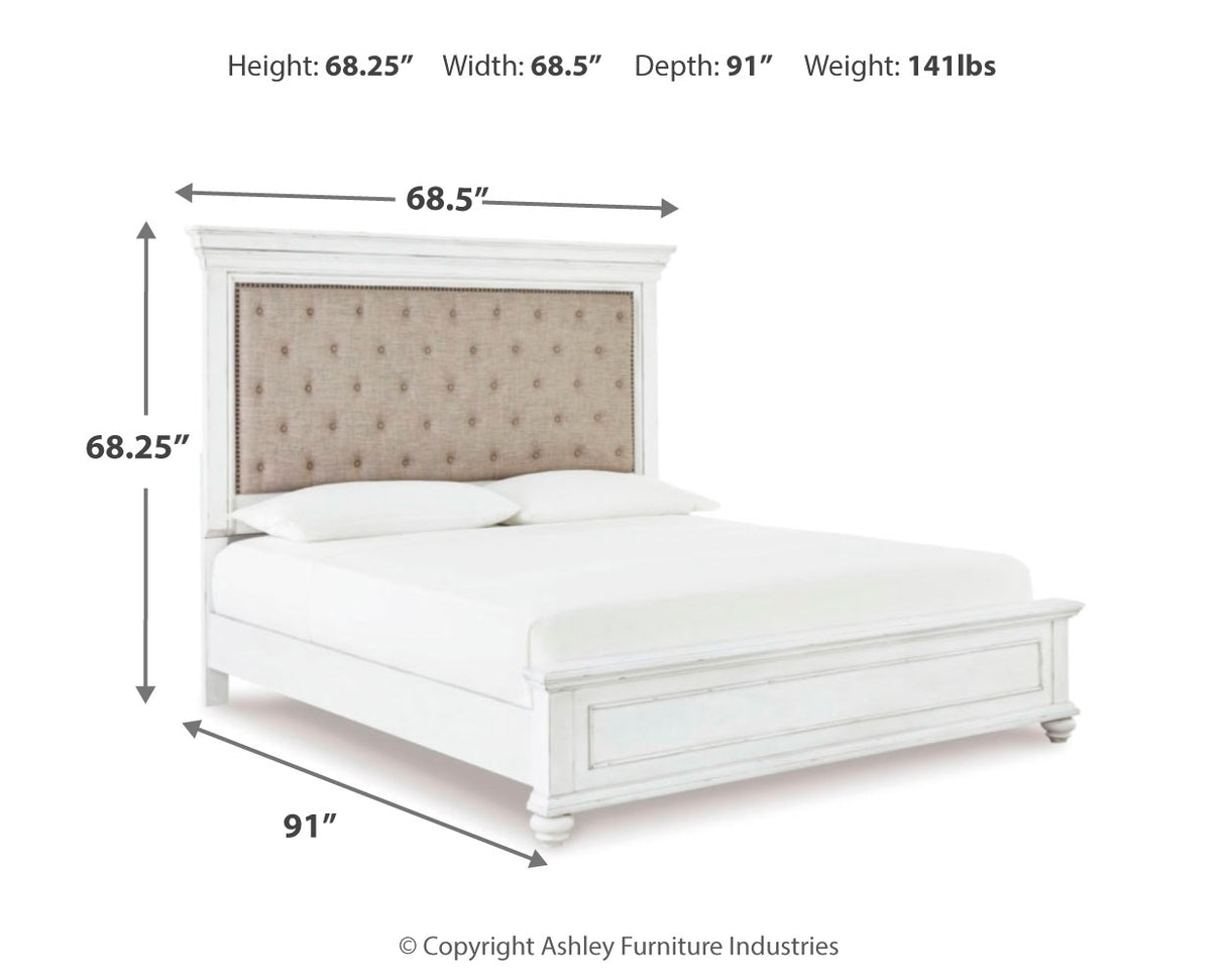 Kanwyn Queen Upholstered Panel Bed, Dresser, Mirror, and Nightstand