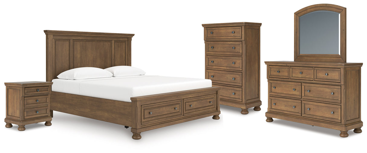 Feddinger King Panel Storage Bed, Dresser, Mirror, Chest and Nightstand