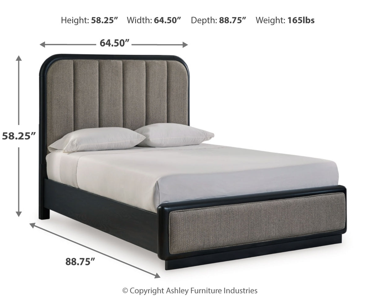 Rowanbeck Queen Upholstered Panel Bed, Dresser, Mirror and Nightstand