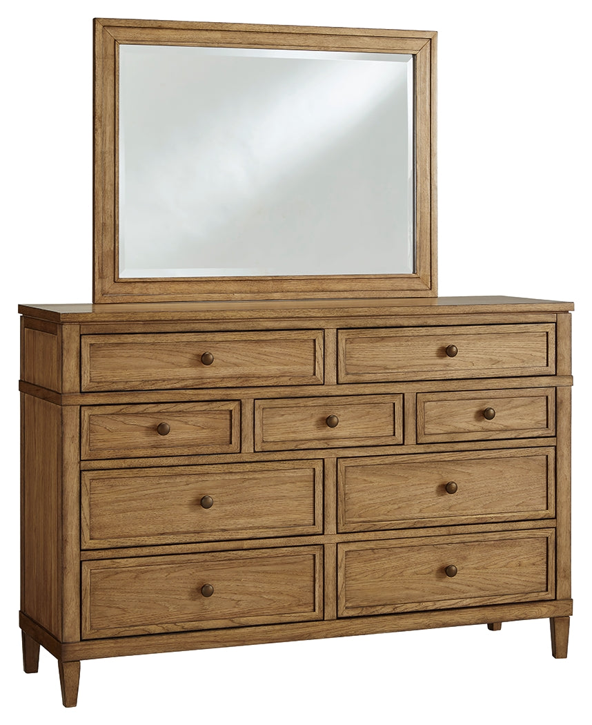 Sharlance Queen Upholstered Panel Bed, Dresser and Mirror