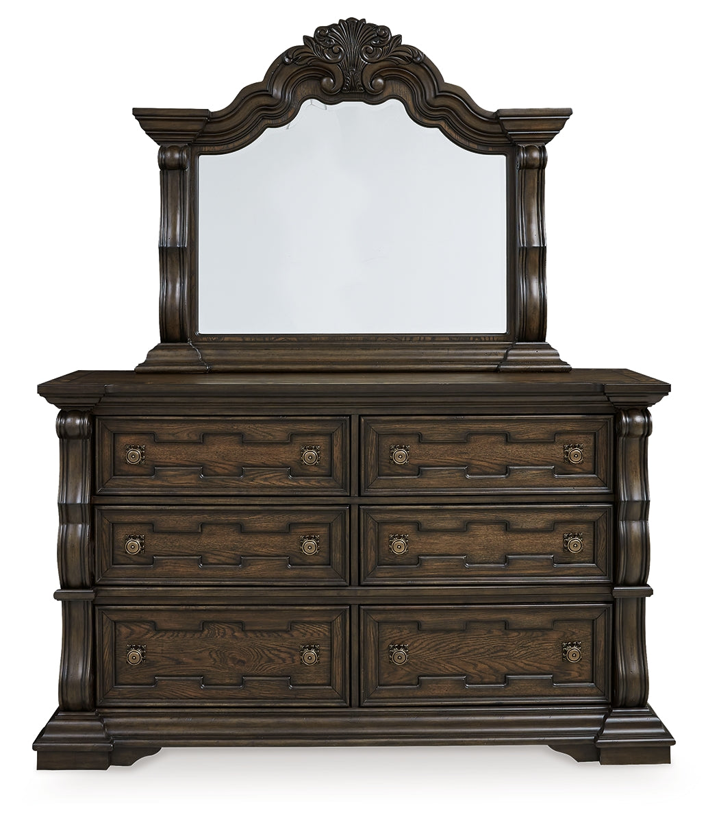 Maylee Queen Upholstered Panel Bed, Dresser, Mirror and Nightstand