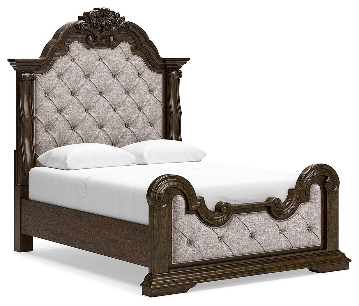 Maylee Queen Upholstered Panel Bed, Dresser, Mirror and Nightstand