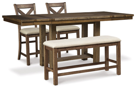 Furniture City Houma - Ashley Furniture - Moriville Counter Height Dining Table and 2 Barstools and Bench - Counter Height Dining Table and 2 Barstools and Bench - D631D9