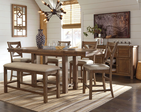 Furniture City Houma - Ashley Furniture - Moriville Counter Height Dining Table with 4 Barstools, Bench, and Server - Counter Height Dining Table with 4 Barstools, Bench, and Server - D631D4