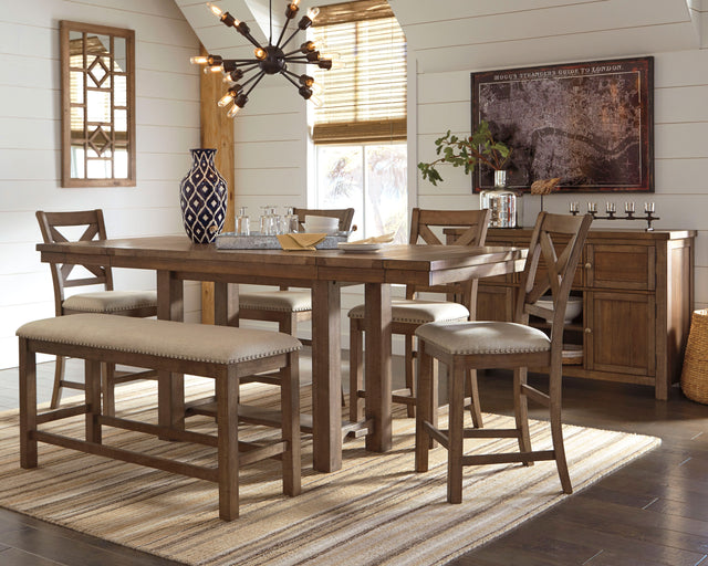 Furniture City Houma - Ashley Furniture - Moriville Counter Height Dining Table with 4 Barstools, Bench, and Server - Counter Height Dining Table with 4 Barstools, Bench, and Server - D631D4
