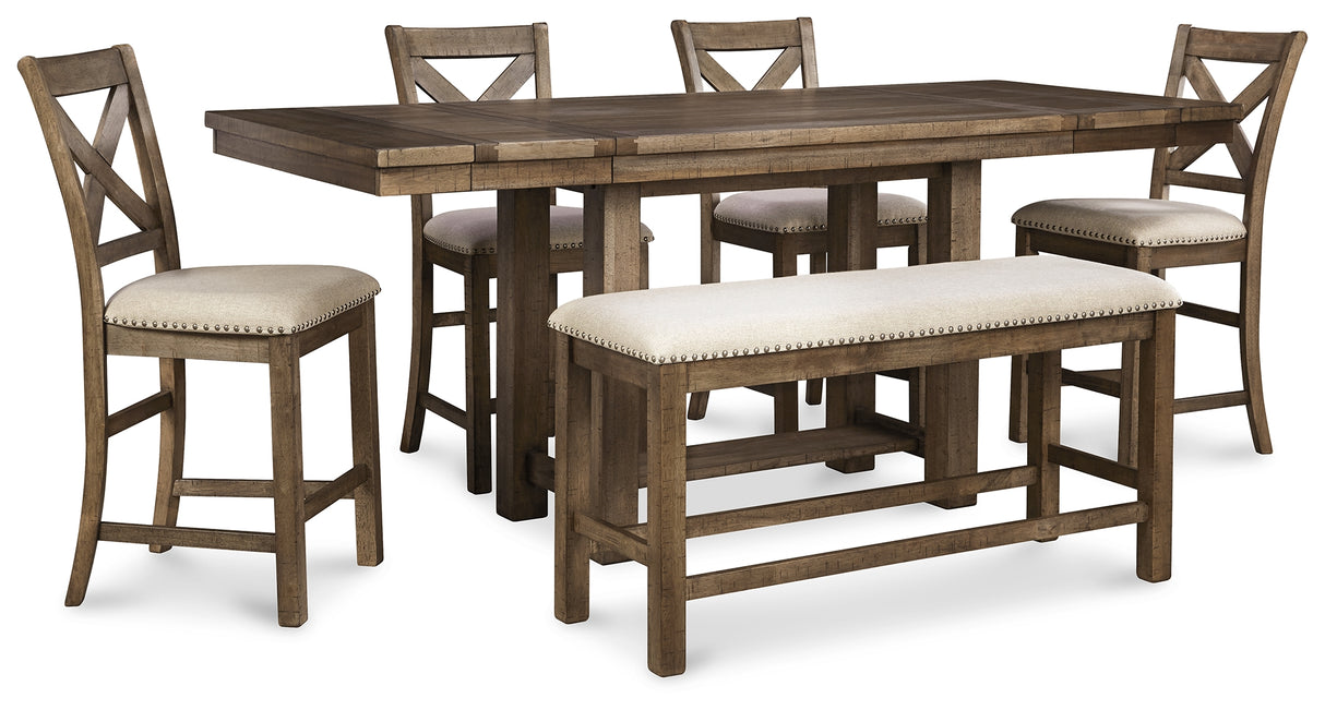 Furniture City Houma - Ashley Furniture - Moriville Counter Height Dining Table with 4 Barstools and Bench - Counter Height Dining Table with 4 Barstools and Bench - D631D3