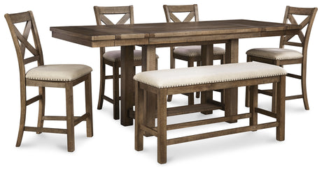 Furniture City Houma - Ashley Furniture - Moriville Counter Height Dining Table with 4 Barstools and Bench - Counter Height Dining Table with 4 Barstools and Bench - D631D3