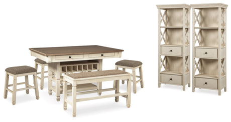 Furniture City Houma - Ashley Furniture - Bolanburg Counter Height Dining Table, 4 Stools, Bench and 2 Display Cabinets - Counter Height Dining Table, 4 Stools, Bench and 2 Display Cabinets - D647D29