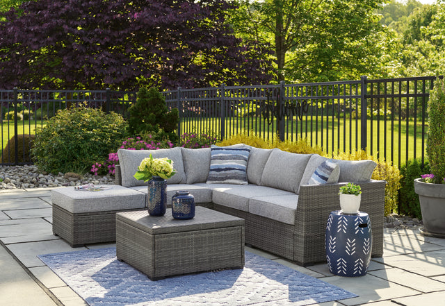Furniture City Houma - Ashley Furniture - Petal Road Outdoor Loveseat Sectional/Ottoman/Table Set (Set of 4) - LoveseatSEC/OTTO/TBL Set(4/CN) - P297-070