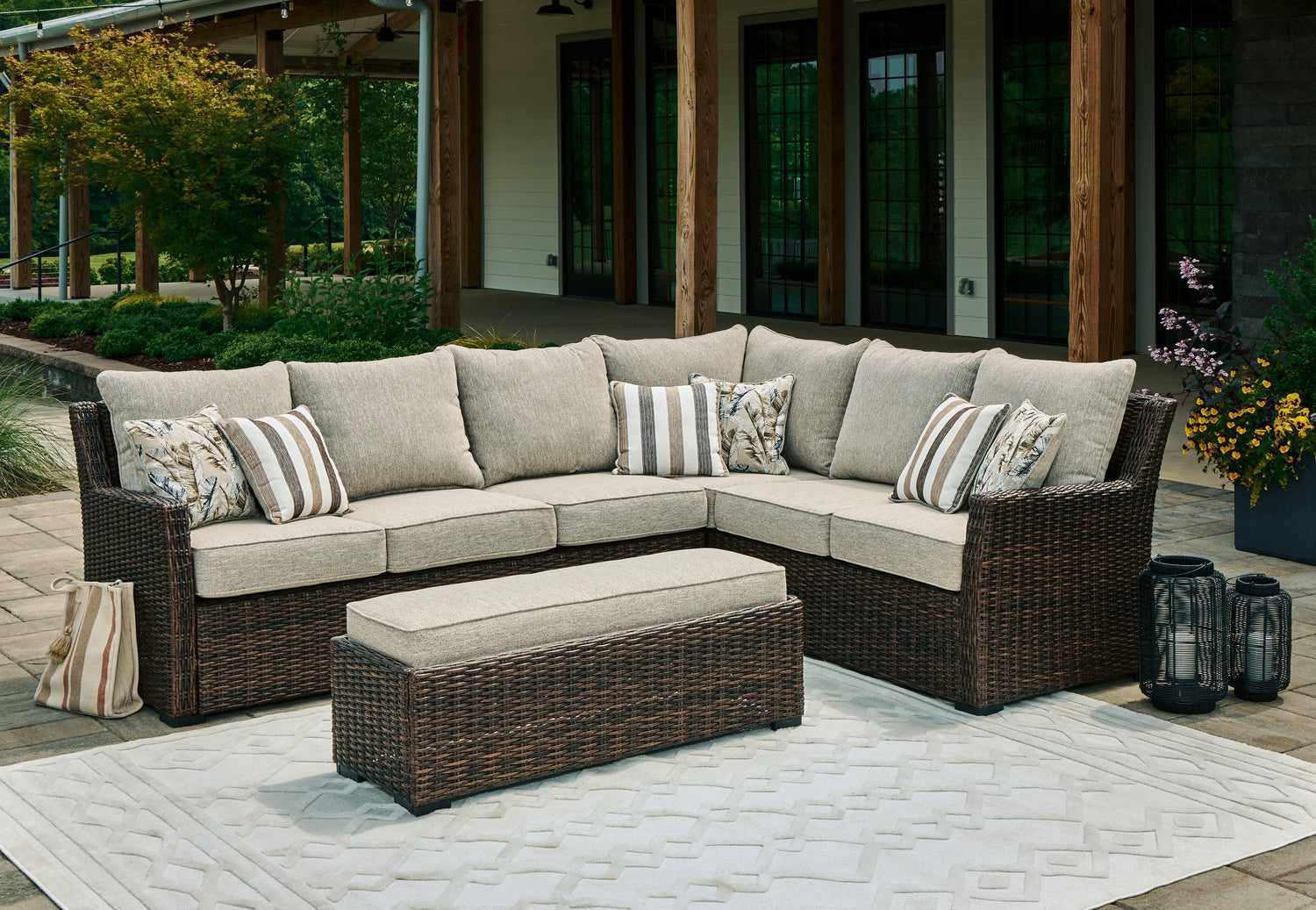 Furniture City Houma - Ashley Furniture - Brook Ranch Outdoor Sofa Sectional/Bench with Cushion (Set of 3) - Sofa SEC/Bench w/CUSH (3/CN) - P465-822