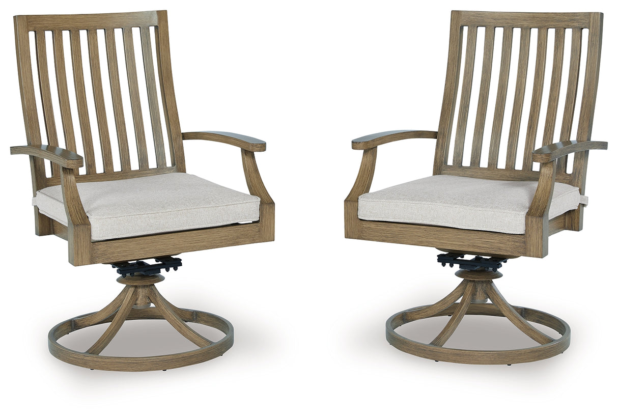 Furniture City Houma - Ashley Furniture - Rainier Ranch Outdoor Swivel Chair with Cushion (Set of 2) - Swivel Chair w/Cushion (Set of 2) / Brown/Beige - P701-602A