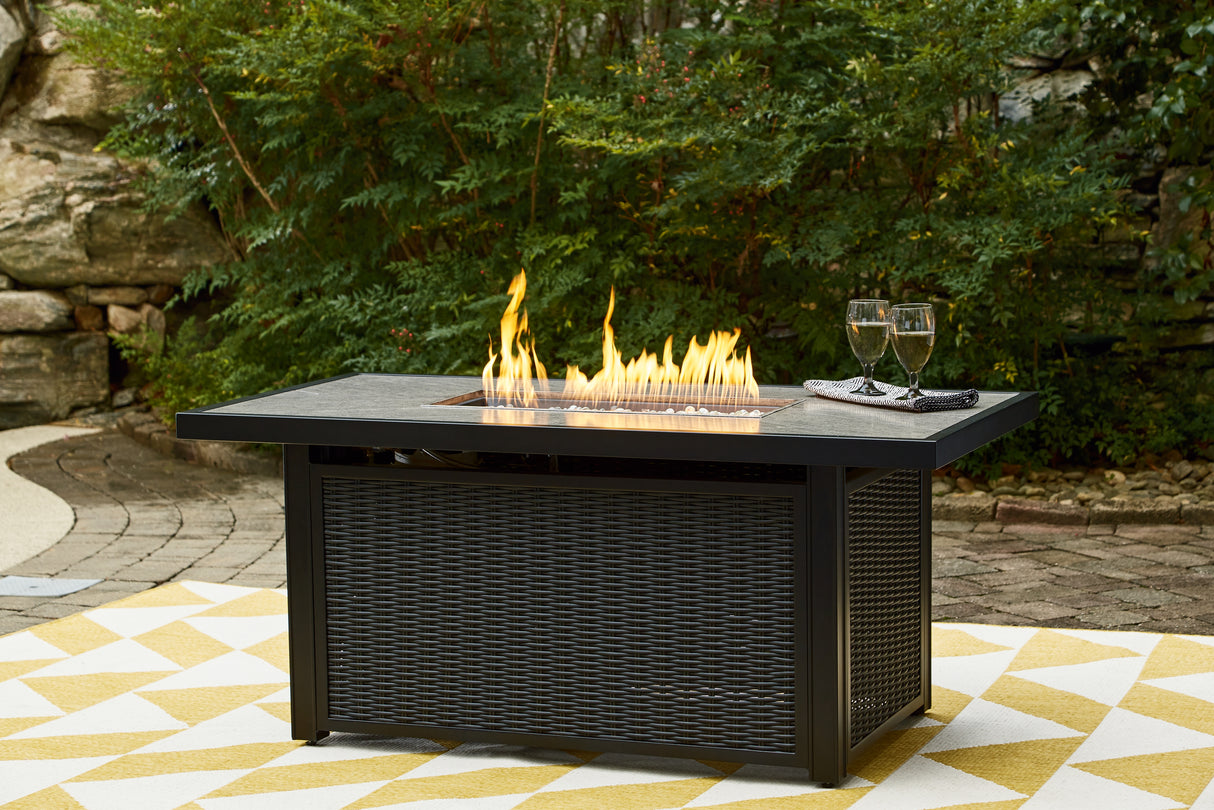 Furniture City Houma - Ashley Furniture - Beachcroft Outdoor Fire Pit Table - Rectangular Fire Pit Table / Black/Light Gray - P792-773