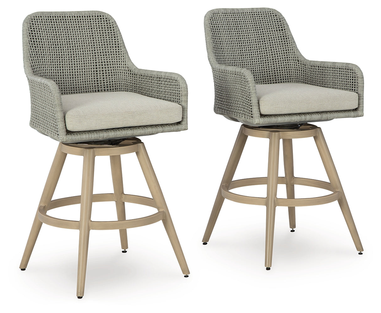 Furniture City Houma - Ashley Furniture - Seton Creek Outdoor Bar Height Barstool with Cushion (Set of 2) - Barstool with Cushion (Set of 2) / Beige/Gray - P798-130