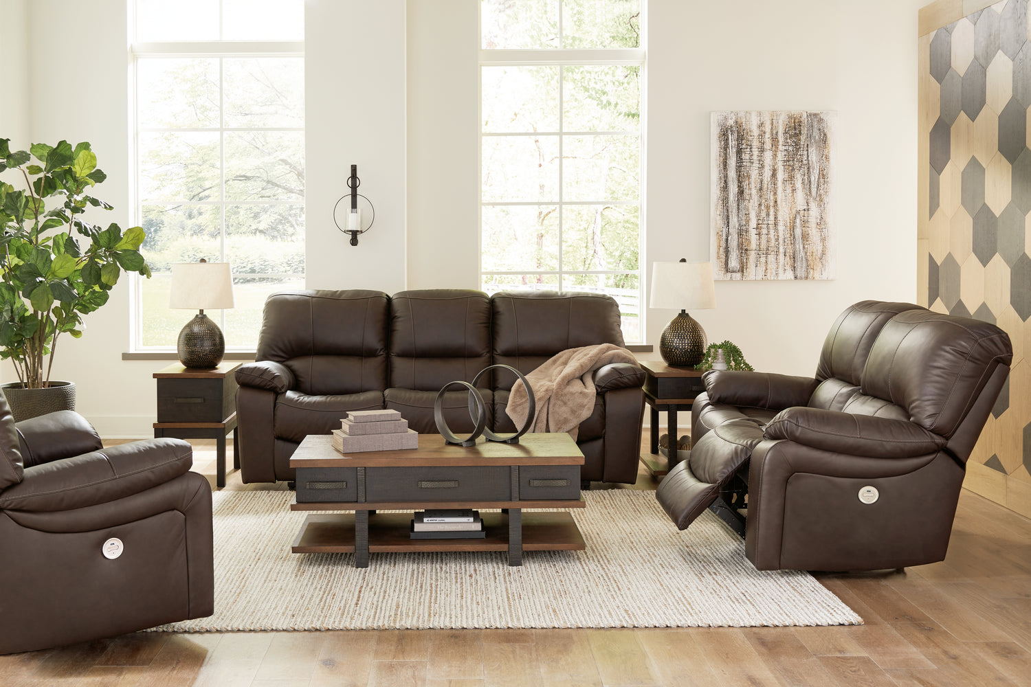 Furniture City Houma - Ashley Furniture - Leesworth Power Reclining Sofa, Loveseat and Recliner - Power Reclining Sofa, Loveseat and Recliner / Dark Brown - U43808U2