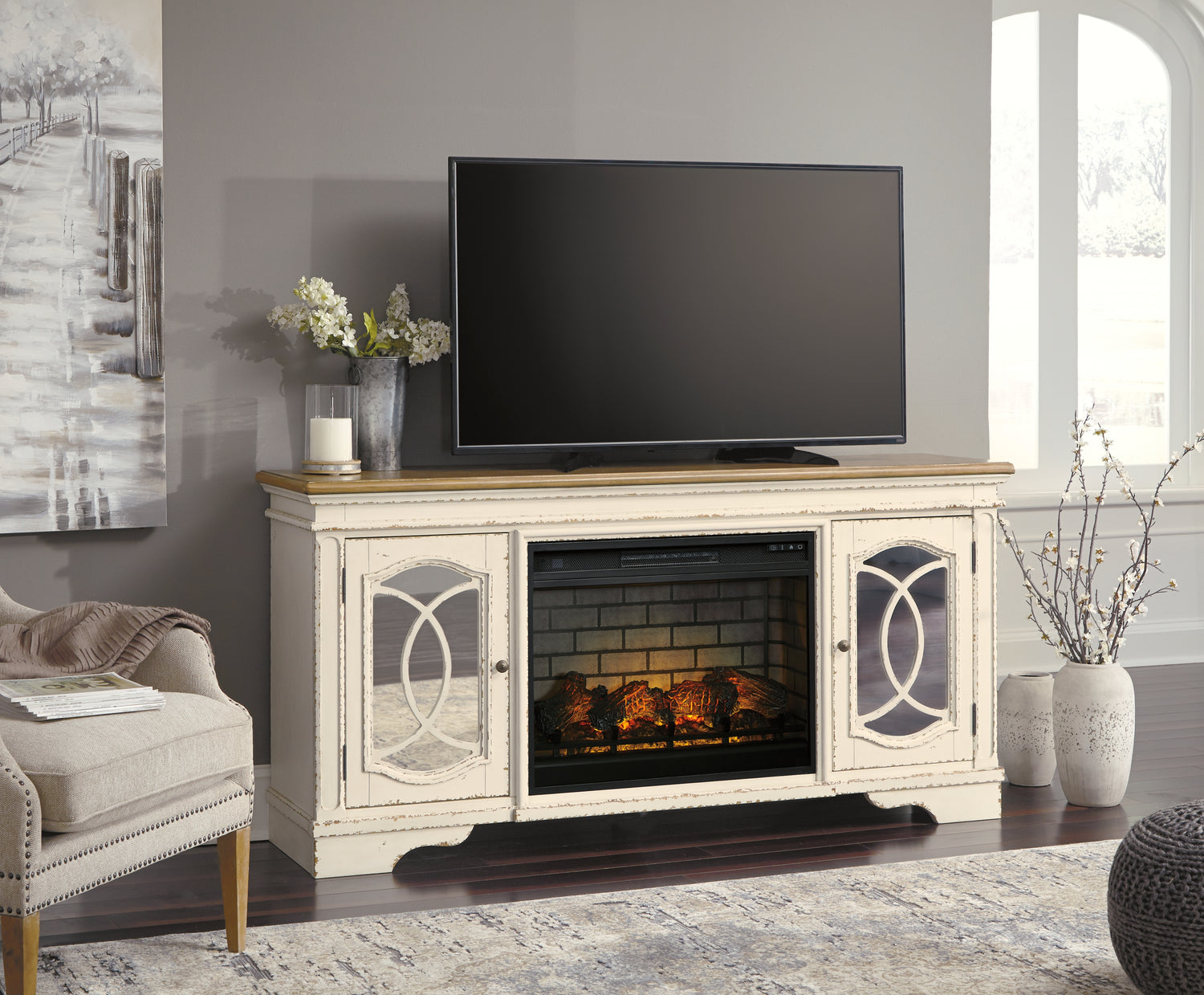 Furniture City Houma - Ashley Furniture - Realyn 74" TV Stand with Electric Fireplace - 74" TV Stand with Electric Fireplace - W743W2