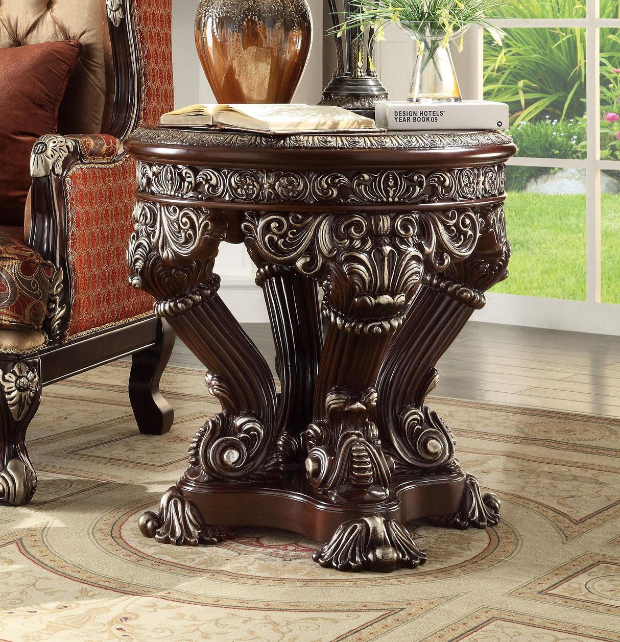 HD-8017 - End Table - Brown Cherry With Silver Highlights
