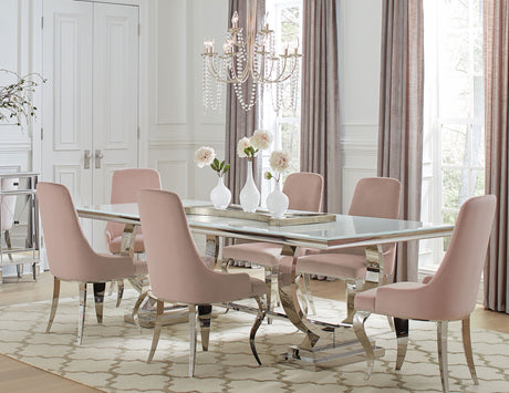 Furniture City Houma - Coaster - Antoine 7-piece Rectangular Glass Top Dining Table Set Pink - 108811-S7P