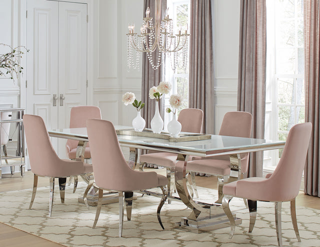 Furniture City Houma - Coaster - Antoine 7-piece Rectangular Glass Top Dining Table Set Pink - 108811-S7P