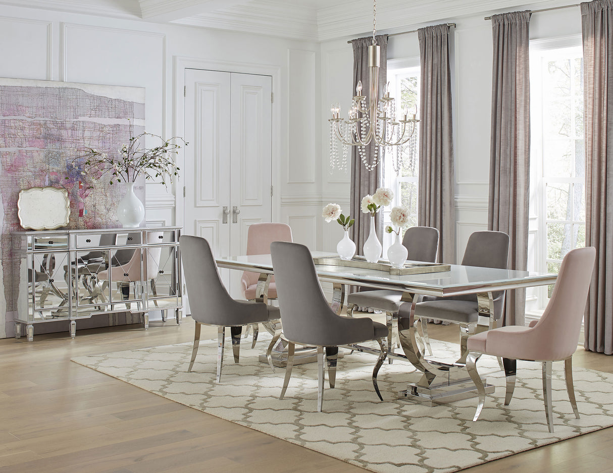 Furniture City Houma - Coaster - Antoine 7-piece Rectangular Glass Top Dining Set Grey & Pink - 108811-S7