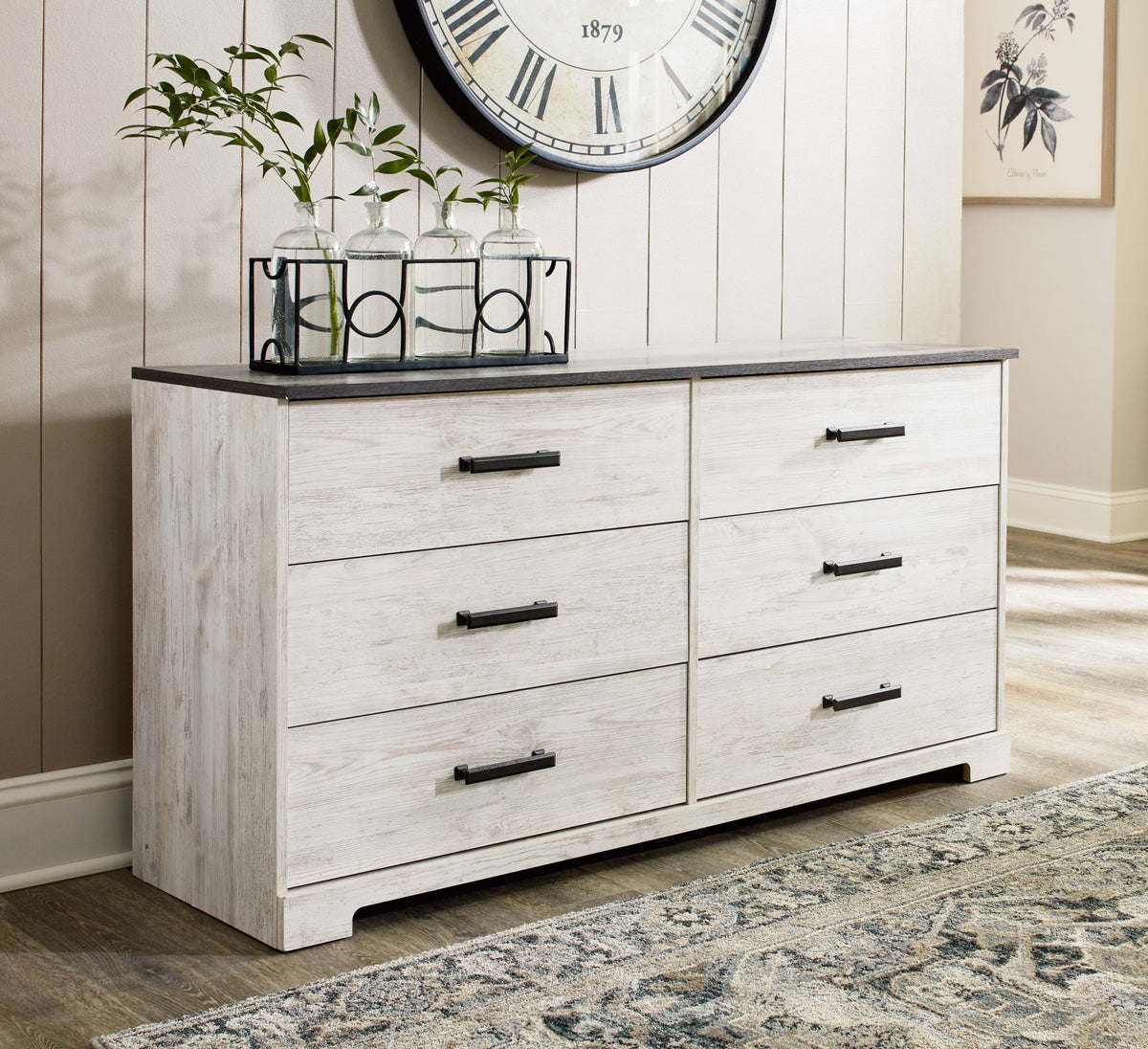 Shawburn - Six Drawer Dresser - Pewter-tone pulls - White / Black / Gray