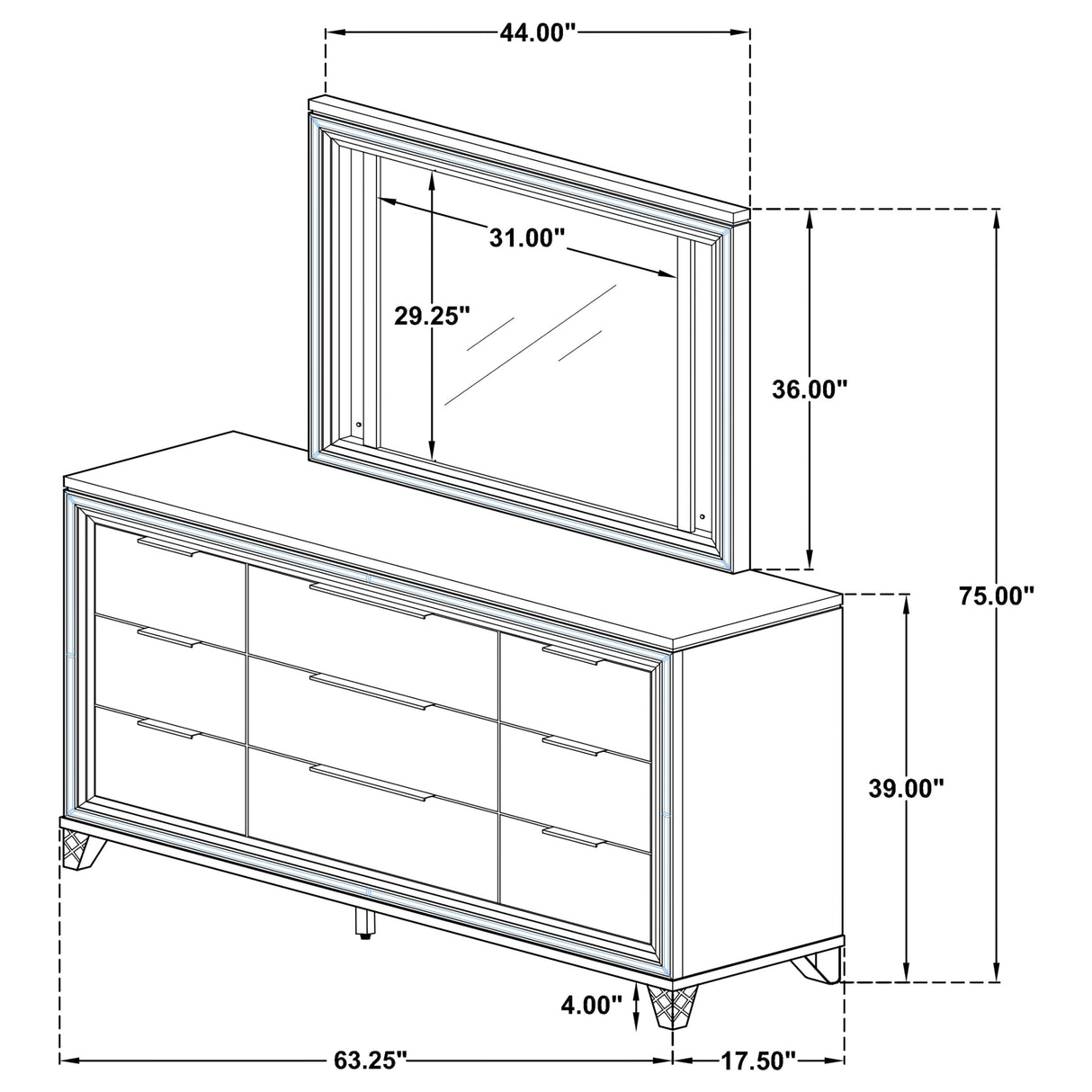 Marmore 9-drawer Dresser and LED Mirror White