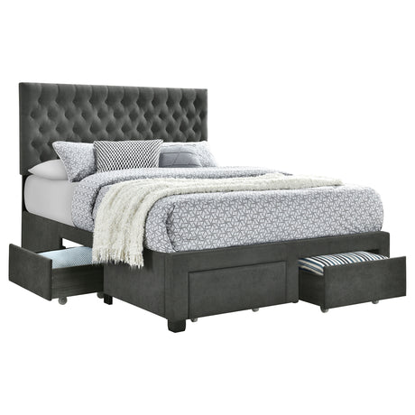 Furniture City Houma - Coaster - Soledad Upholstered Eastern King Storage Panel Bed Grey - 305877KE