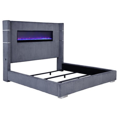 Furniture City Houma - Coaster - Tisdall Upholstered Eastern King Flame Visualizer Bed Grey - 306030KE